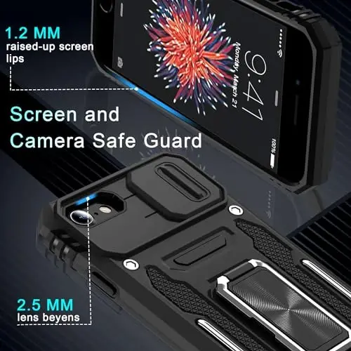 DEERLAMN Case for iPhone SE 2022/2020,for iPhone 8/7 with Slide Camera Cover + Screen Protector,Rotated Ring Kickstand Military Grade Shockproof Protective Cover 4.7 Inch-Black - 5
