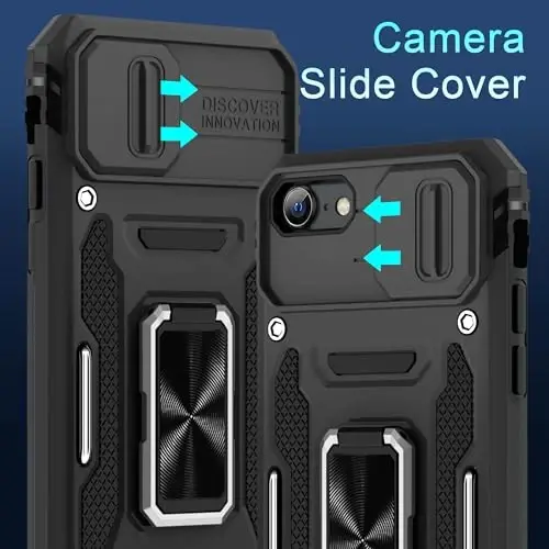 DEERLAMN Case for iPhone SE 2022/2020,for iPhone 8/7 with Slide Camera Cover + Screen Protector,Rotated Ring Kickstand Military Grade Shockproof Protective Cover 4.7 Inch-Black - 2