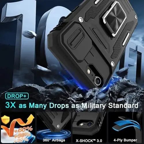 DEERLAMN Case for iPhone SE 2022/2020,for iPhone 8/7 with Slide Camera Cover + Screen Protector,Rotated Ring Kickstand Military Grade Shockproof Protective Cover 4.7 Inch-Black - 3