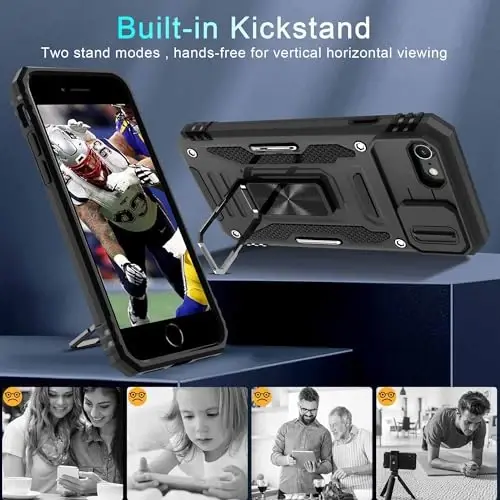 DEERLAMN Case for iPhone SE 2022/2020,for iPhone 8/7 with Slide Camera Cover + Screen Protector,Rotated Ring Kickstand Military Grade Shockproof Protective Cover 4.7 Inch-Black - 4