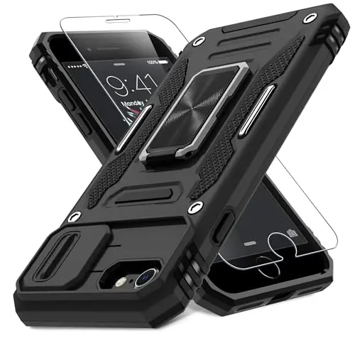 DEERLAMN Case for iPhone SE 2022/2020,for iPhone 8/7 with Slide Camera Cover + Screen Protector,Rotated Ring Kickstand Military Grade Shockproof Protective Cover 4.7 Inch-Black 