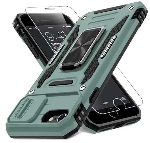 DEERLAMN Case for iPhone SE 2022/2020,for iPhone 8/7 with Slide Camera Cover + Screen Protector,Rotated Ring Kickstand Military Grade Shockproof Protective Cover 4.7 Inch-Green - 1