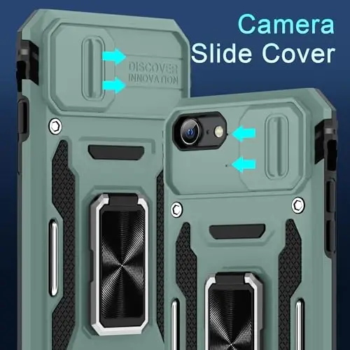 DEERLAMN Case for iPhone SE 2022/2020,for iPhone 8/7 with Slide Camera Cover + Screen Protector,Rotated Ring Kickstand Military Grade Shockproof Protective Cover 4.7 Inch-Green - 2