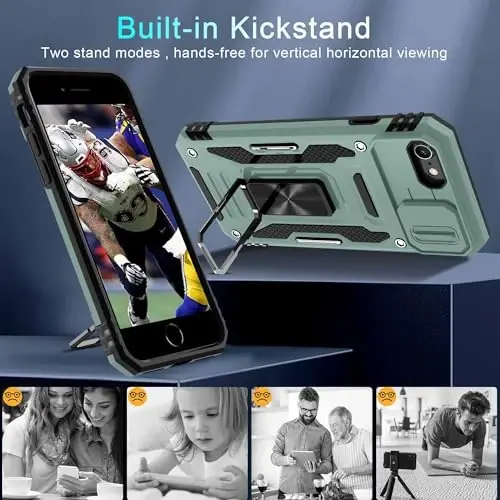 DEERLAMN Case for iPhone SE 2022/2020,for iPhone 8/7 with Slide Camera Cover + Screen Protector,Rotated Ring Kickstand Military Grade Shockproof Protective Cover 4.7 Inch-Green - 4