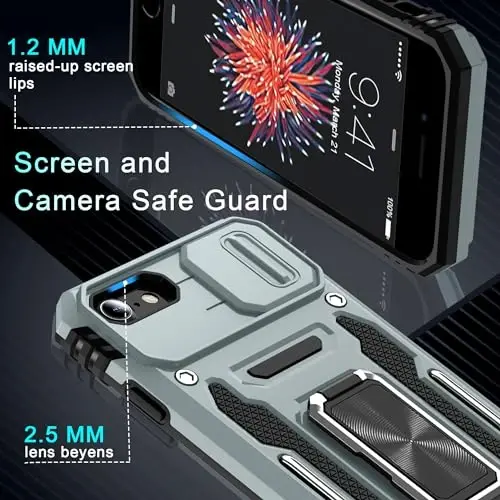 DEERLAMN Case for iPhone SE 2022/2020,for iPhone 8/7 with Slide Camera Cover + Screen Protector,Rotated Ring Kickstand Military Grade Shockproof Protective Cover 4.7 Inch-Grey - 4