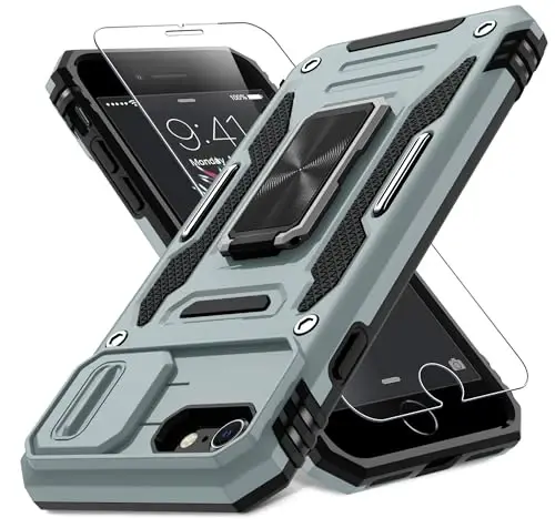 DEERLAMN Case for iPhone SE 2022/2020,for iPhone 8/7 with Slide Camera Cover + Screen Protector,Rotated Ring Kickstand Military Grade Shockproof Protective Cover 4.7 Inch-Grey - DEERLAMN