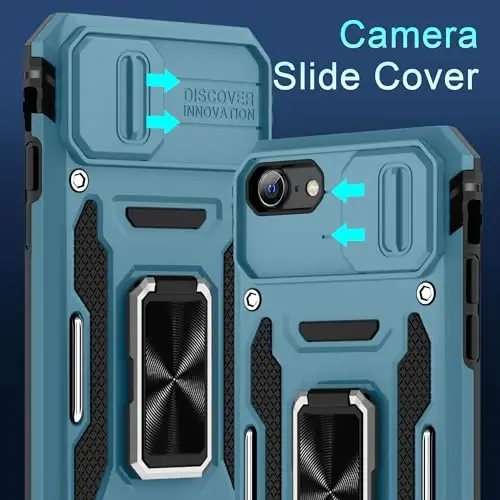 DEERLAMN Case for iPhone SE 2022/2020,for iPhone 8/7 with Slide Camera Cover + Screen Protector,Rotated Ring Kickstand Military Grade Shockproof Protective Cover 4.7 Inch-Light Blue - 2