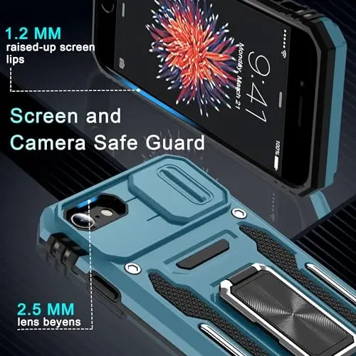 DEERLAMN Case for iPhone SE 2022/2020,for iPhone 8/7 with Slide Camera Cover + Screen Protector,Rotated Ring Kickstand Military Grade Shockproof Protective Cover 4.7 Inch-Light Blue - 5