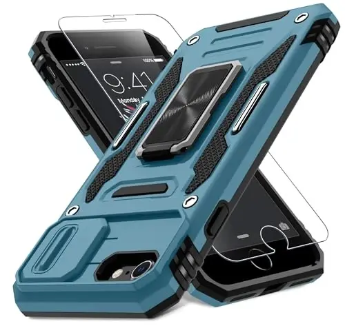 DEERLAMN Case for iPhone SE 2022/2020,for iPhone 8/7 with Slide Camera Cover + Screen Protector,Rotated Ring Kickstand Military Grade Shockproof Protective Cover 4.7 Inch-Light Blue - DEERLAMN