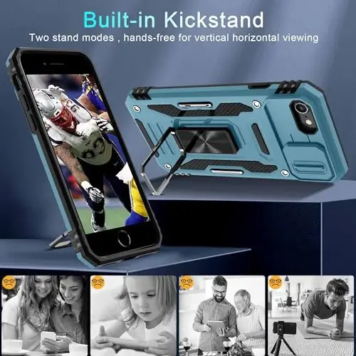 DEERLAMN Case for iPhone SE 2022/2020,for iPhone 8/7 with Slide Camera Cover + Screen Protector,Rotated Ring Kickstand Military Grade Shockproof Protective Cover 4.7 Inch-Light Blue - 4