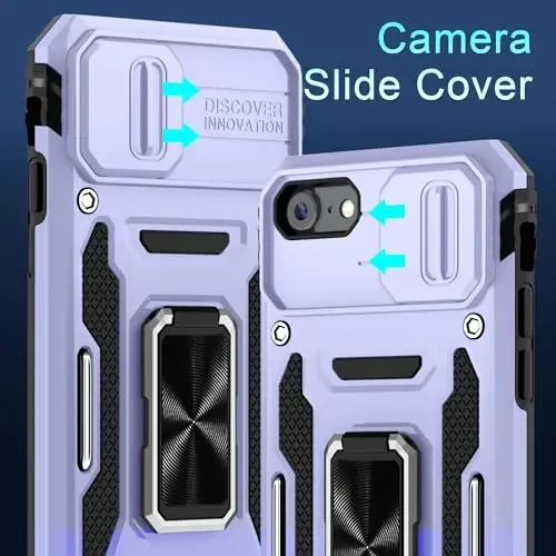 DEERLAMN Case for iPhone SE 2022/2020,for iPhone 8/7 with Slide Camera Cover + Screen Protector,Rotated Ring Kickstand Military Grade Shockproof Protective Cover 4.7 Inch-Light Purple - 2