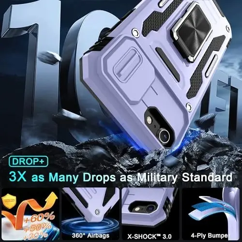 DEERLAMN Case for iPhone SE 2022/2020,for iPhone 8/7 with Slide Camera Cover + Screen Protector,Rotated Ring Kickstand Military Grade Shockproof Protective Cover 4.7 Inch-Light Purple - 3