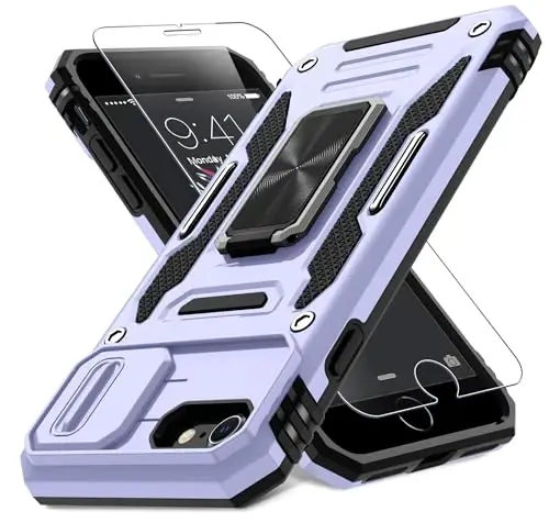 DEERLAMN Case for iPhone SE 2022/2020,for iPhone 8/7 with Slide Camera Cover + Screen Protector,Rotated Ring Kickstand Military Grade Shockproof Protective Cover 4.7 Inch-Light Purple 