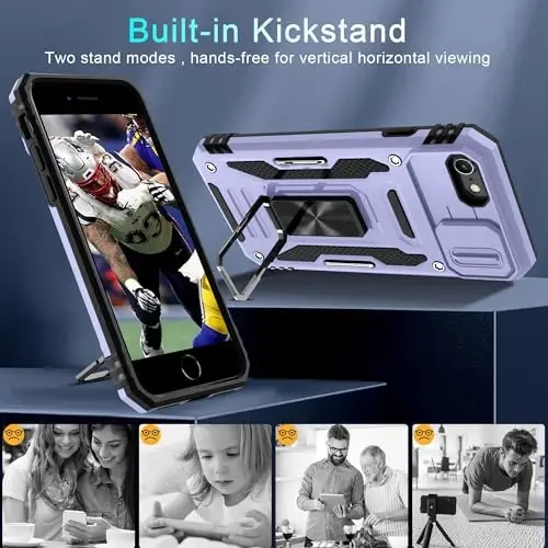 DEERLAMN Case for iPhone SE 2022/2020,for iPhone 8/7 with Slide Camera Cover + Screen Protector,Rotated Ring Kickstand Military Grade Shockproof Protective Cover 4.7 Inch-Light Purple - 4