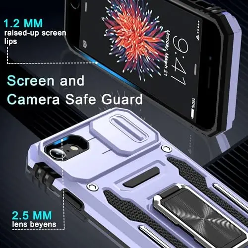 DEERLAMN Case for iPhone SE 2022/2020,for iPhone 8/7 with Slide Camera Cover + Screen Protector,Rotated Ring Kickstand Military Grade Shockproof Protective Cover 4.7 Inch-Light Purple - 5