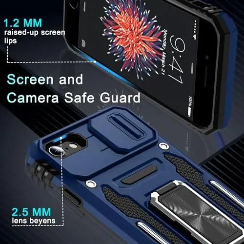 DEERLAMN Case for iPhone SE 2022/2020,for iPhone 8/7 with Slide Camera Cover + Screen Protector,Rotated Ring Kickstand Military Grade Shockproof Protective Cover 4.7 Inch-Navy Blue - 5
