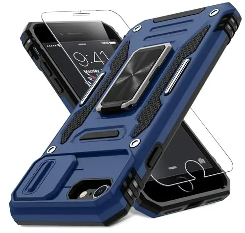 DEERLAMN Case for iPhone SE 2022/2020,for iPhone 8/7 with Slide Camera Cover + Screen Protector,Rotated Ring Kickstand Military Grade Shockproof Protective Cover 4.7 Inch-Navy Blue - DEERLAMN