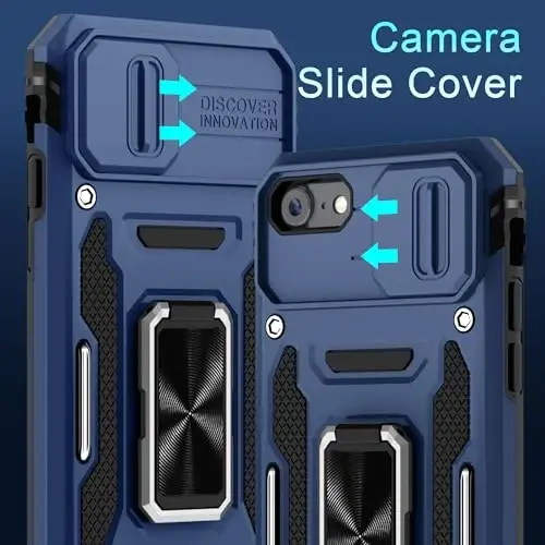 DEERLAMN Case for iPhone SE 2022/2020,for iPhone 8/7 with Slide Camera Cover + Screen Protector,Rotated Ring Kickstand Military Grade Shockproof Protective Cover 4.7 Inch-Navy Blue - 2