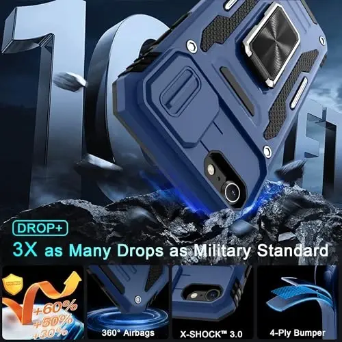 DEERLAMN Case for iPhone SE 2022/2020,for iPhone 8/7 with Slide Camera Cover + Screen Protector,Rotated Ring Kickstand Military Grade Shockproof Protective Cover 4.7 Inch-Navy Blue - 3