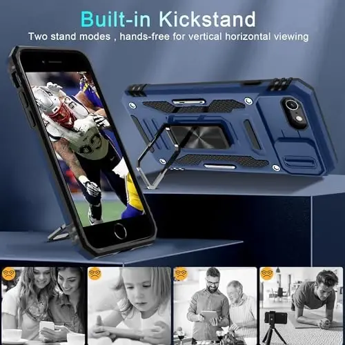DEERLAMN Case for iPhone SE 2022/2020,for iPhone 8/7 with Slide Camera Cover + Screen Protector,Rotated Ring Kickstand Military Grade Shockproof Protective Cover 4.7 Inch-Navy Blue - 4