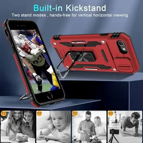 DEERLAMN Case for iPhone SE 2022/2020,for iPhone 8/7 with Slide Camera Cover + Screen Protector,Rotated Ring Kickstand Military Grade Shockproof Protective Cover 4.7 Inch-Red - 4