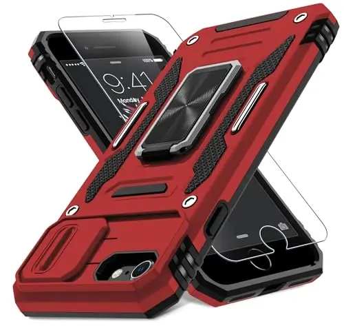 DEERLAMN Case for iPhone SE 2022/2020,for iPhone 8/7 with Slide Camera Cover + Screen Protector,Rotated Ring Kickstand Military Grade Shockproof Protective Cover 4.7 Inch-Red - DEERLAMN