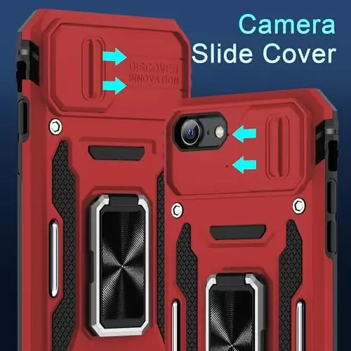 DEERLAMN Case for iPhone SE 2022/2020,for iPhone 8/7 with Slide Camera Cover + Screen Protector,Rotated Ring Kickstand Military Grade Shockproof Protective Cover 4.7 Inch-Red - 2