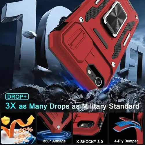 DEERLAMN Case for iPhone SE 2022/2020,for iPhone 8/7 with Slide Camera Cover + Screen Protector,Rotated Ring Kickstand Military Grade Shockproof Protective Cover 4.7 Inch-Red - 3