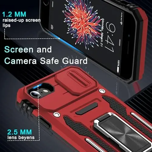 DEERLAMN Case for iPhone SE 2022/2020,for iPhone 8/7 with Slide Camera Cover + Screen Protector,Rotated Ring Kickstand Military Grade Shockproof Protective Cover 4.7 Inch-Red - 5