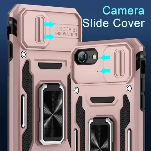 DEERLAMN Case for iPhone SE 2022/2020,for iPhone 8/7 with Slide Camera Cover + Screen Protector,Rotated Ring Kickstand Military Grade Shockproof Protective Cover 4.7 Inch-Rose Gold - DEERLAMN (1)