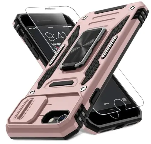 DEERLAMN Case for iPhone SE 2022/2020,for iPhone 8/7 with Slide Camera Cover + Screen Protector,Rotated Ring Kickstand Military Grade Shockproof Protective Cover 4.7 Inch-Rose Gold - 1