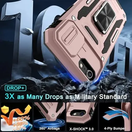 DEERLAMN Case for iPhone SE 2022/2020,for iPhone 8/7 with Slide Camera Cover + Screen Protector,Rotated Ring Kickstand Military Grade Shockproof Protective Cover 4.7 Inch-Rose Gold - 3