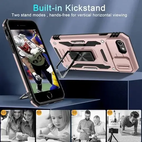 DEERLAMN Case for iPhone SE 2022/2020,for iPhone 8/7 with Slide Camera Cover + Screen Protector,Rotated Ring Kickstand Military Grade Shockproof Protective Cover 4.7 Inch-Rose Gold - 4