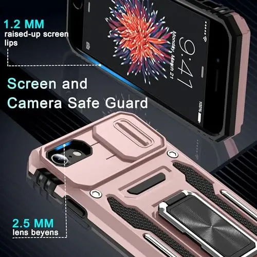 DEERLAMN Case for iPhone SE 2022/2020,for iPhone 8/7 with Slide Camera Cover + Screen Protector,Rotated Ring Kickstand Military Grade Shockproof Protective Cover 4.7 Inch-Rose Gold - 5