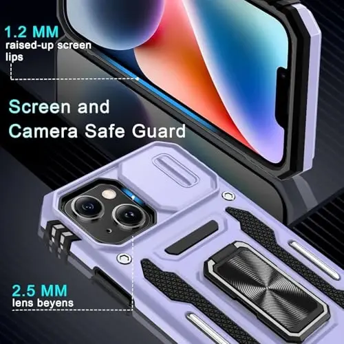 DEERLAMN Чехол для iPhone 13 Mini с защитной шторкой для камеры + защитное стекло (1 шт.), поворотное кольцо-подставка, противоударный защитный чехол военного класса — светло-фиолетовый - 5