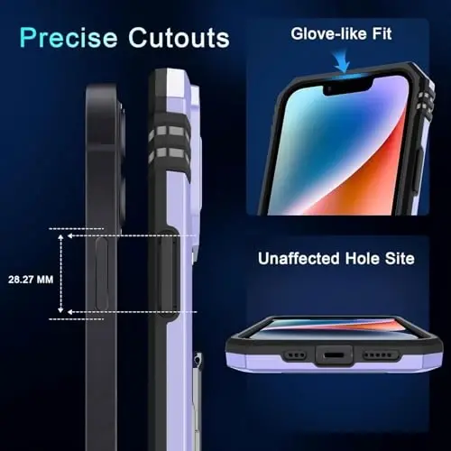DEERLAMN Чехол для iPhone 13 Mini с защитной шторкой для камеры + защитное стекло (1 шт.), поворотное кольцо-подставка, противоударный защитный чехол военного класса — светло-фиолетовый - 6