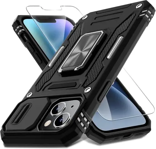 DEERLAMN Чехол для iPhone 13 Mini со шторкой для камеры + защитное стекло (1 шт.), поворотное кольцо-подставка, противоударный защитный чехол военного класса — черный 