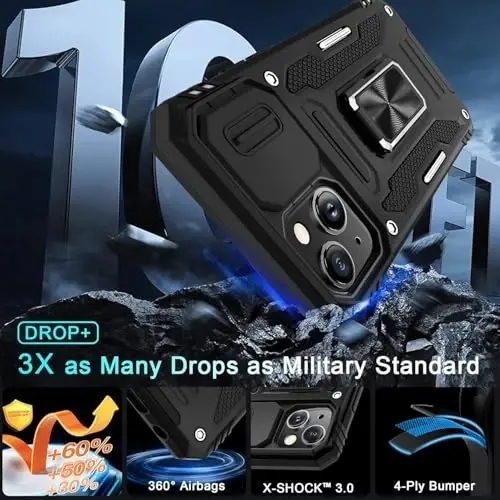 DEERLAMN Чехол для iPhone 13 Mini со шторкой для камеры + защитное стекло (1 шт.), поворотное кольцо-подставка, противоударный защитный чехол военного класса — черный - 3