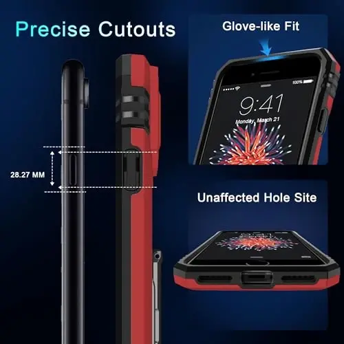 DEERLAMN Чехол для iPhone SE 2022/2020, для iPhone 8/7 с крышкой камеры и защитным экраном, вращающееся кольцо-подставка, ударопрочный защитный чехол военного класса, 4,7 дюйма, красный - 1