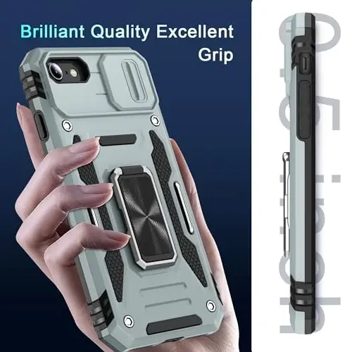 DEERLAMN Чехол для iPhone SE 2022/2020, для iPhone 8/7 со сдвижной крышкой камеры + защитная пленка, вращающаяся подставка-кольцо, ударопрочный защитный чехол военного класса, 4,7 дюйма, серый - 2