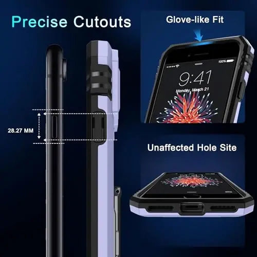 DEERLAMN Чехол для iPhone SE 2022/2020, для iPhone 8/7 со сдвижной крышкой камеры + защитная пленка, вращающееся кольцо-подставка, противоударный защитный чехол военного класса 4,7 дюйма - светло-фиолетовый 