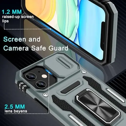 DEERLAMN Case for iPhone 11 with Slide Camera Cover+Screen Protector(2 Packs),Rotated Ring Kickstand Military Grade Shockproof Protective Cover-Grey - 5