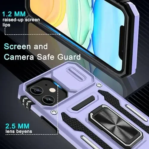 DEERLAMN Case for iPhone 11 with Slide Camera Cover+Screen Protector(2 Packs),Rotated Ring Kickstand Military Grade Shockproof Protective Cover-Light Purple - 5