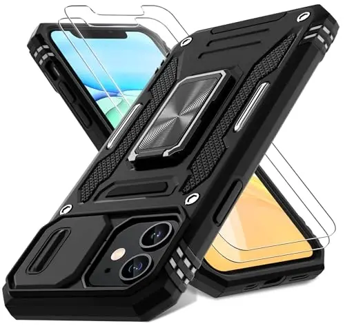 DEERLAMN Case for iPhone 11 with Slide Camera Cover+Screen Protector(2 Packs),Rotated Ring Kickstand Military Grade Shockproof Protective Cover-Black - 1