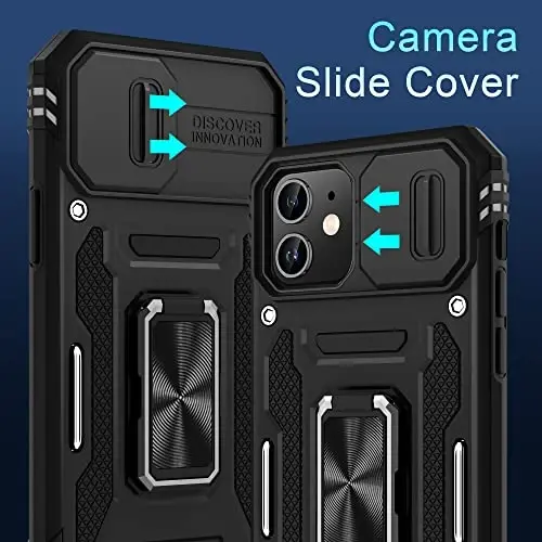 DEERLAMN Case for iPhone 11 with Slide Camera Cover+Screen Protector(2 Packs),Rotated Ring Kickstand Military Grade Shockproof Protective Cover-Black - 2