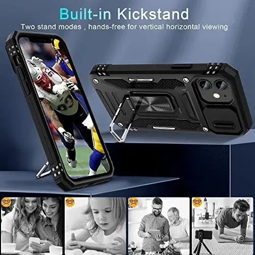 DEERLAMN Case for iPhone 11 with Slide Camera Cover+Screen Protector(2 Packs),Rotated Ring Kickstand Military Grade Shockproof Protective Cover-Black - 4