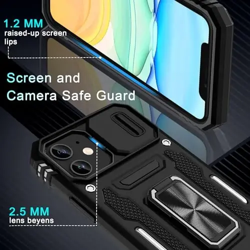DEERLAMN Case for iPhone 11 with Slide Camera Cover+Screen Protector(2 Packs),Rotated Ring Kickstand Military Grade Shockproof Protective Cover-Black - 5