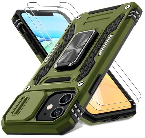 DEERLAMN Case for iPhone 11 with Slide Camera Cover+Screen Protector(2 Packs),Rotated Ring Kickstand Military Grade Shockproof Protective Cover-Olive Green - DEERLAMN