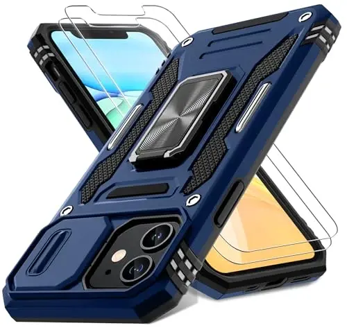 DEERLAMN Case for iPhone 11 with Slide Camera Cover+Screen Protector(2 Packs),Rotated Ring Kickstand Military Grade Shockproof Protective Cover-Navy Blue - 1