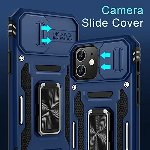 DEERLAMN Case for iPhone 11 with Slide Camera Cover+Screen Protector(2 Packs),Rotated Ring Kickstand Military Grade Shockproof Protective Cover-Navy Blue - 2